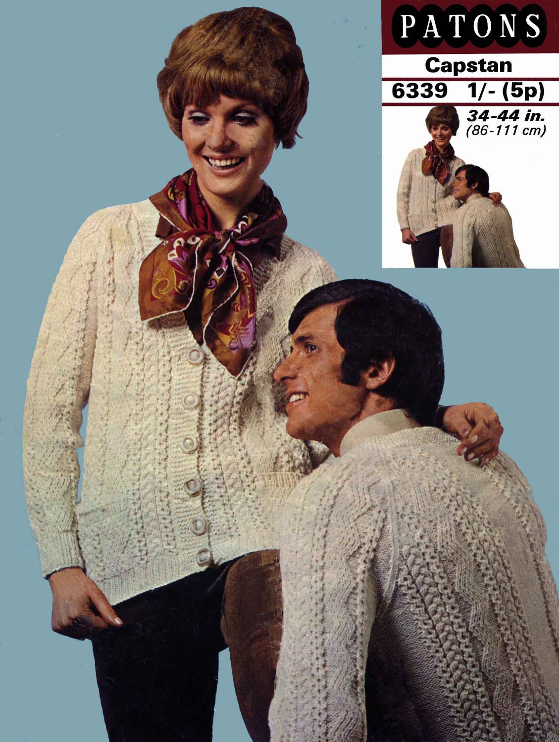 Men's and Ladies / His and Hers Cardigan, 34"-44" Bust/Chest, Aran, 70s Knitting Pattern Patons 6339
