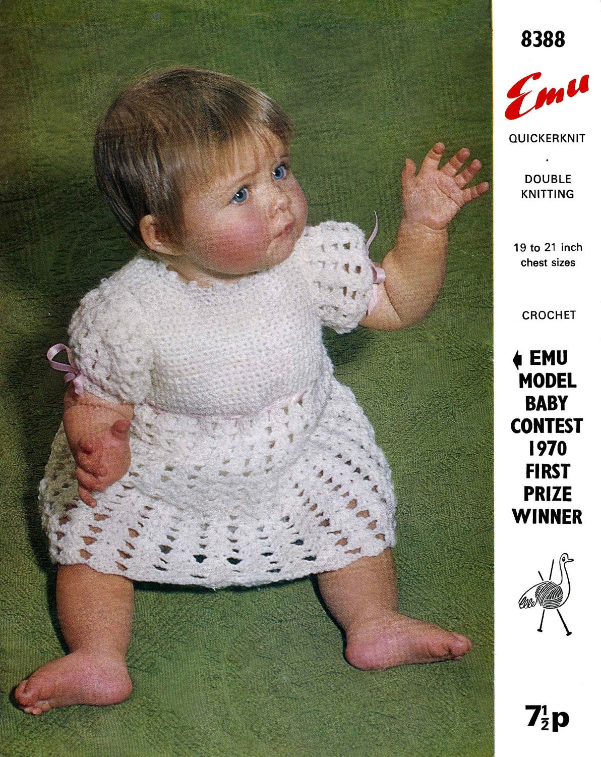 Baby Dress, 19"-21" Chest, 4ply & DK, 70s Crochet Pattern, Emu 8388