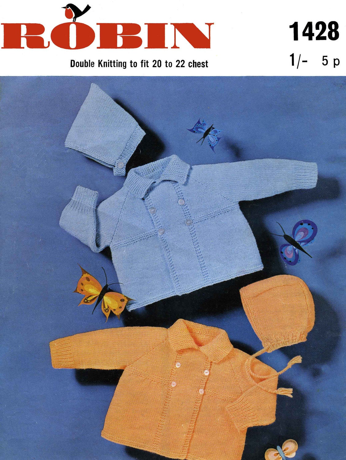 Baby Set, Coat, Bonnet & Hood, 20"-22" Chest, DK, 70s Knitting Pattern, Robin 1428