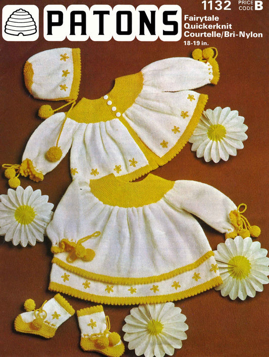Baby Matinee Coat / Cardigan, Dress, Hat and Booties, 18"-19" Chest, 4ply, 70s Knitting Pattern, Patons 1132