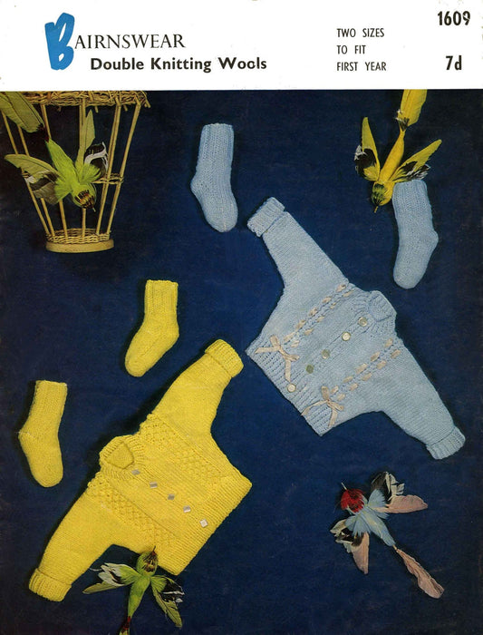 Baby Cardigan and Socks, 20"-22" Chest, DK, 60s Knitting Pattern, Bairnswear 1609