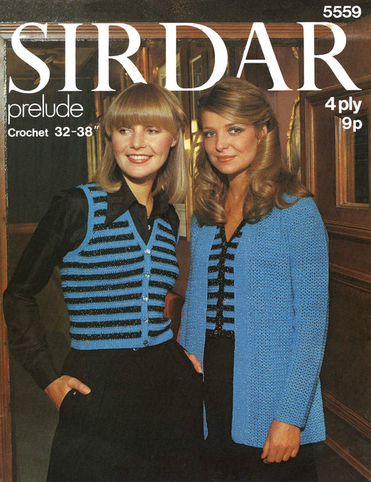 Ladies Jacket and Waistcoat, 32"-38", 4ply, 70s Crochet Pattern, Sirdar 5559