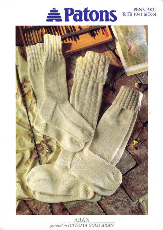 Fisherman's Socks, Aran, 10-11", 80s Knitting Pattern, Patons 4851