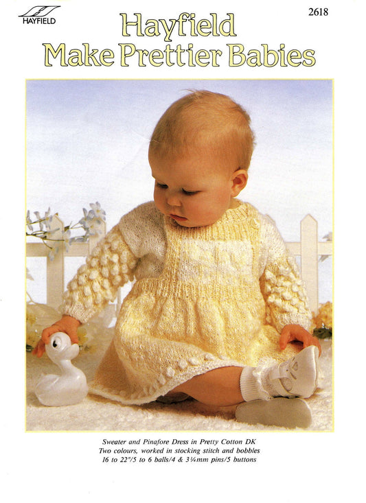 Baby Sweater and Pinafore Dress, 16"-22" Chest, DK, 80s Knitting Pattern, Hayfield 2618