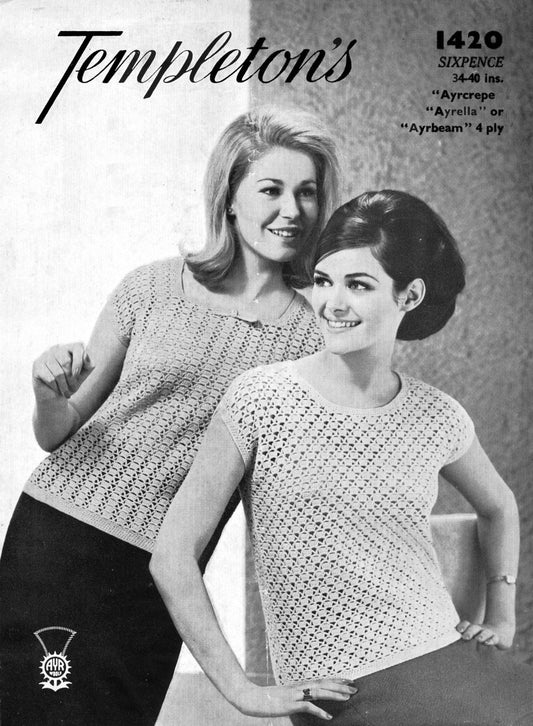 Ladies Jumper / Top, 34"-40" Bust, 4ply, 50s Crochet Pattern, Templetons 1420