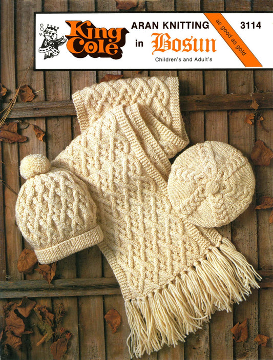 Childrens and Adults Hat, Beret and Scarf, Aran, 70s Knitting Pattern, King Cole 3114