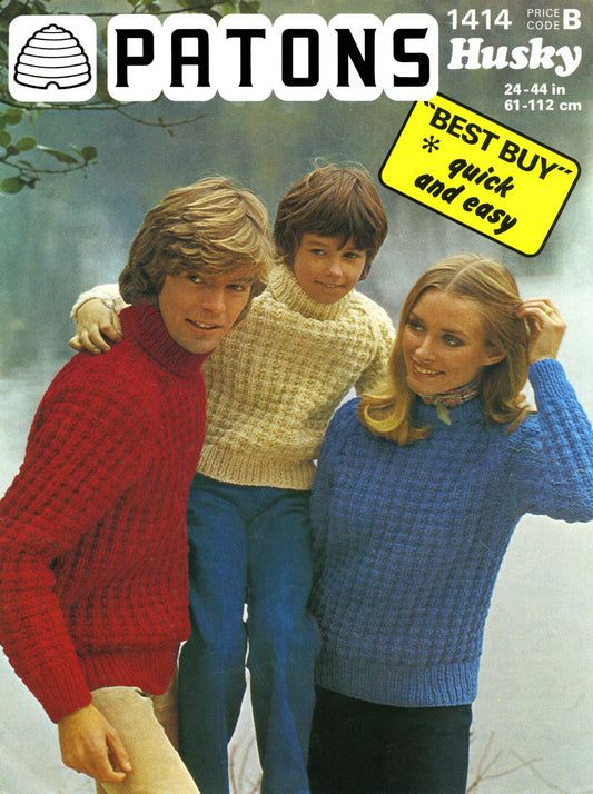 Family Jumpers with Style Variations, Chunky, 24"-44" Chest / Bust, 70s Knitting Pattern, Patons 1414