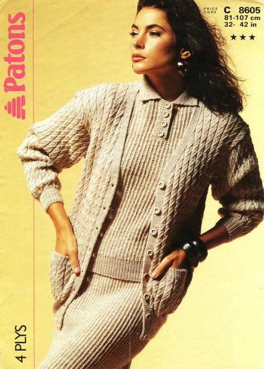 Ladies 3 Piece, Cardigan, Sweater / Jumper, & Skirt, 32"-42" Bust, 4ply, 80s Knitting Pattern, Patons 8605