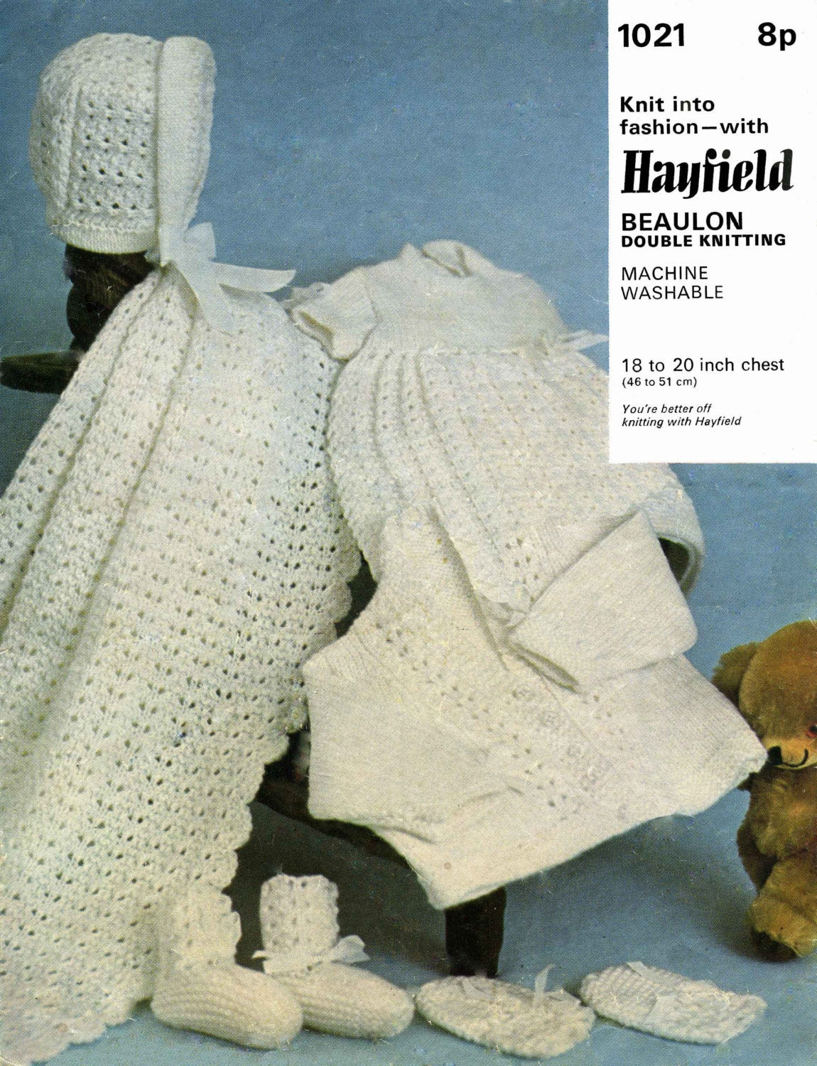 Baby Layette Set, Dress, Cardigan, Bonnet, Booties & Mitts, 18"-20" Chest, DK, 80s Knitting Pattern, Hayfield 1021