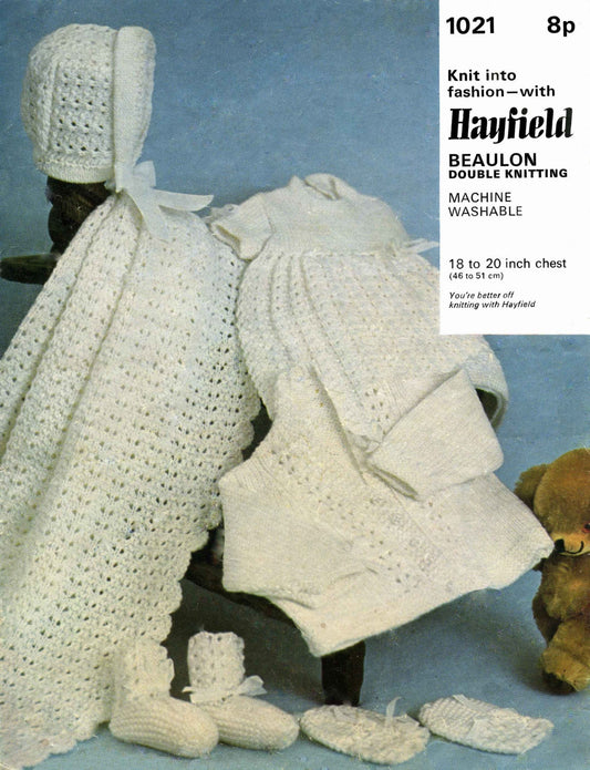 Baby Layette Set, Dress, Cardigan, Bonnet, Booties & Mitts, 18"-20" Chest, DK, 80s Knitting Pattern, Hayfield 1021