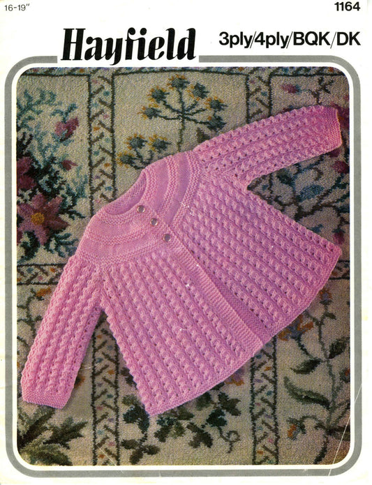 Baby Matinee Coat / Cardigan, 16"-19" Chest, 3ply, 4ply, & DK, 80s Knitting Pattern, Hayfield 1164