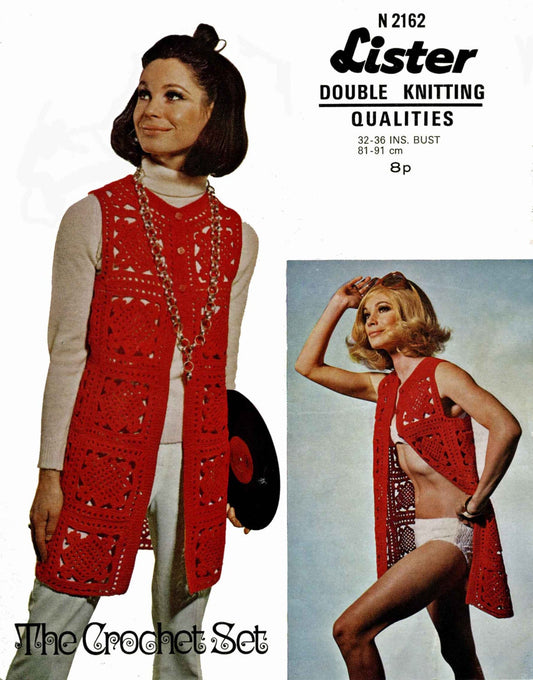 Ladies Coat / Waistcoat, 32"-36" Bust, DK, 70s Crochet Pattern, Lister 2162
