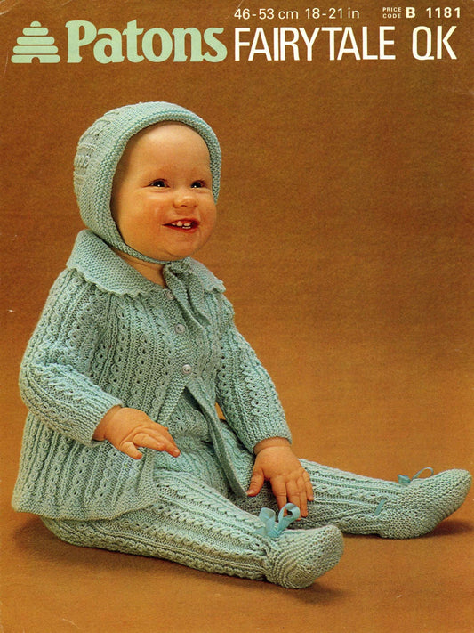 Baby Sunshine Set, Coat / Cardigan, Dungarees and Bonnet, 18"-21" Chest, 4ply, 80s Knitting Pattern, Patons 1181