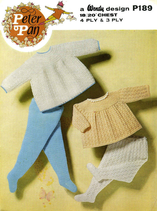 Baby Angel Top and Tights, 18"/20" Chest, 3ply & 4ply, 70s Knitting Pattern, Wendy 189
