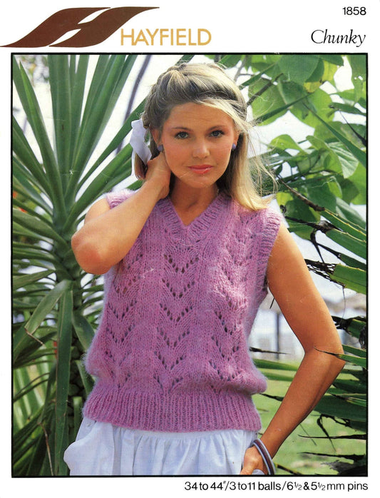 Ladies Slipover / Tank Top, 34"-44" Bust, Chunky, 80s Knitting Pattern, Hayfield 1858