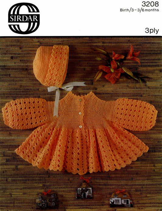 Baby Matinee Coat / Cardigan, Birth - 6 months, 3ply, 70s Crochet Pattern, Sirdar 3208