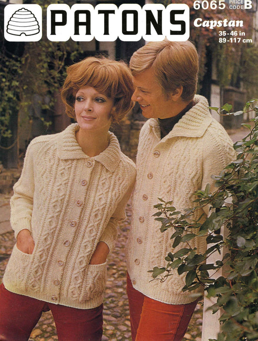 Ladies and Men's Cardigan, 35"-46" Chest / Bust, Aran, 70s Knitting Pattern, Patons 6065