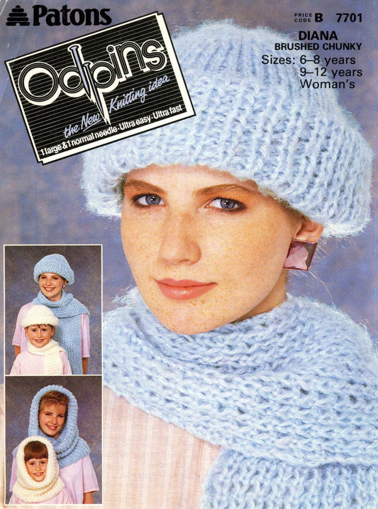 Ladies & Childs Hat, Hood and Scarf, 6-8 years, 9-12 years, Adult, Chunky, 80s Knitting Pattern, Patons 7701