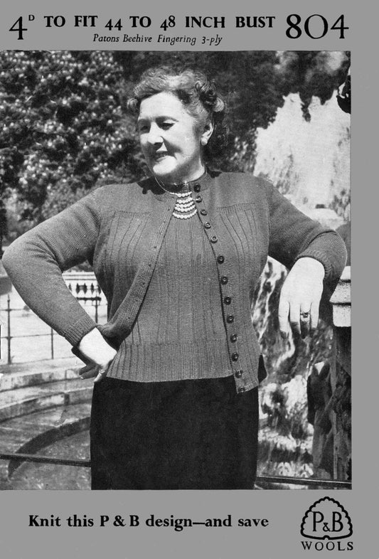 Ladies Twin Set Cardigan and Jumper, Plus Sizes 44" 46" 48" Bust, 3ply, 50s Knitting Pattern, P&B 804