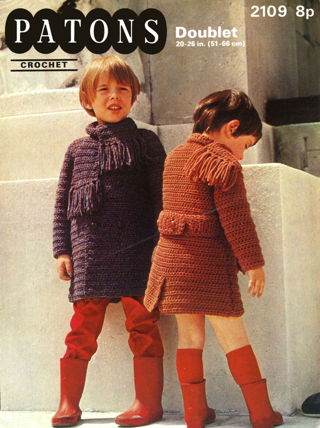 Children's Doublet Coat & Scarf, 20"-26" Chest, Chunky, 70s Crochet Pattern, Patons 2109