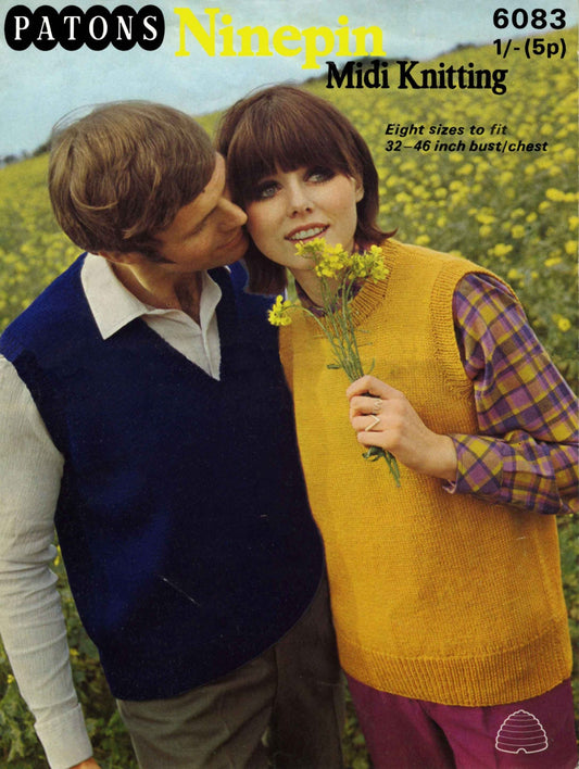His and Hers Tops V Neck and Round Neck, 32"-46" Bust/Chest, DK, 60s Knitting Pattern, Patons 6083