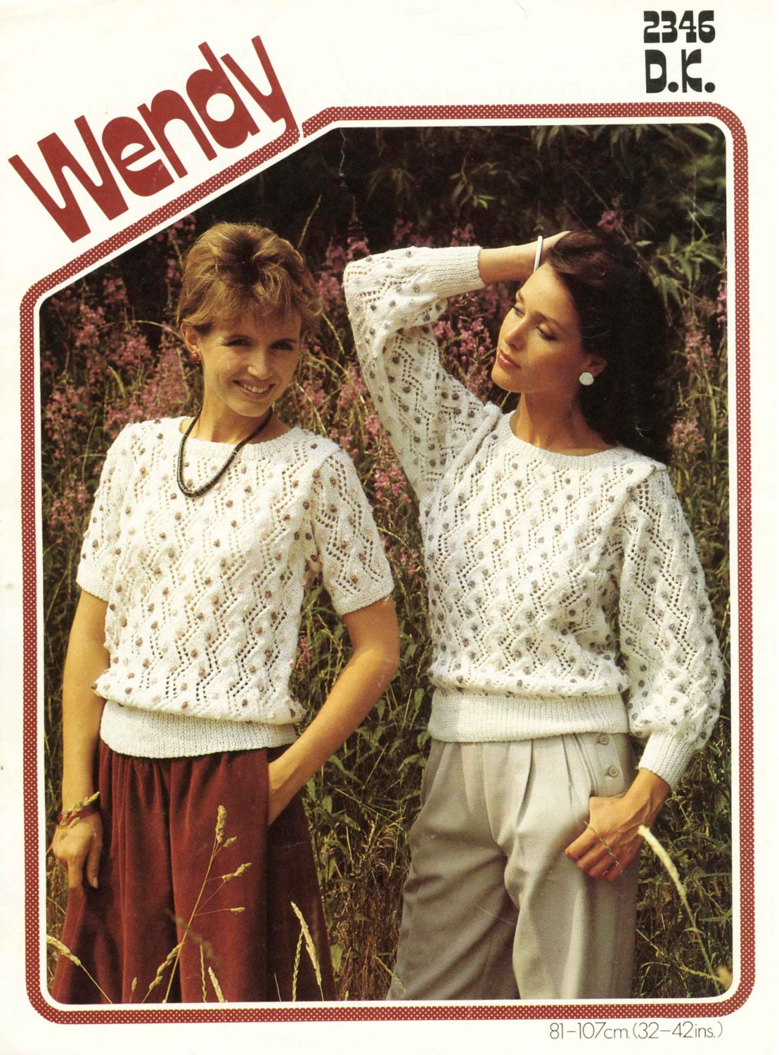 Ladies Long and Short Sleeved Sweaters / Jumper, 32"-42" Bust, DK, 80s Knitting Pattern, Wendy 2346