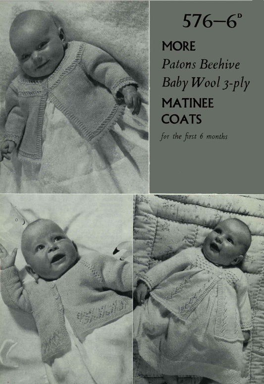 Baby Matinee Coat in 3 Styles, 1-6 months, 3ply, 50s Knitting Pattern, P&B 576