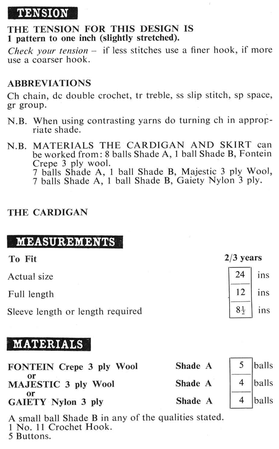 Girls Cardigan and Skirt, 3ply, 2/3 years, 60s Crochet Pattern, Sirdar 312