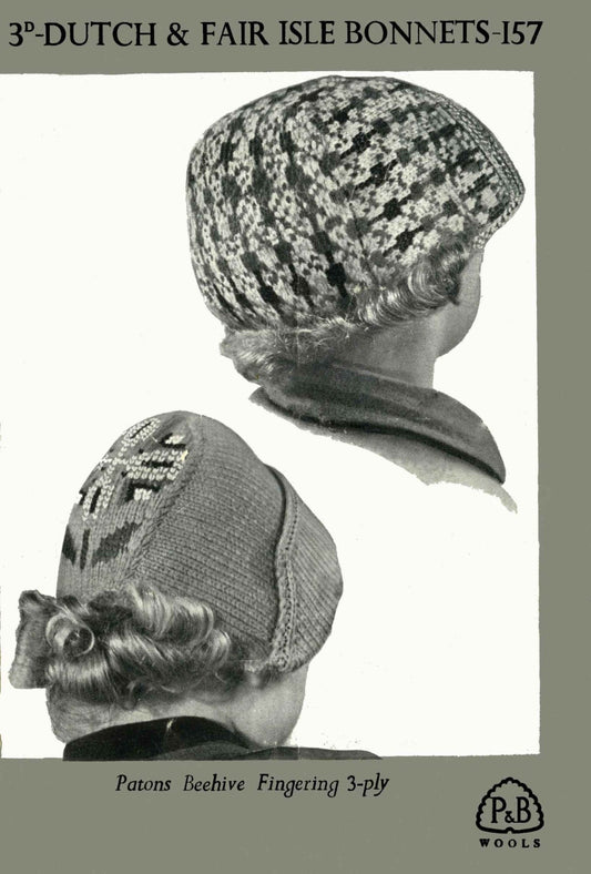 Childrens Dutch and Fair Isle Bonnet / Hat, 3ply, 50s Knitting Pattern, P&B 157