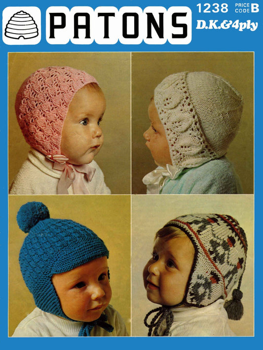 Baby / Children's Bonnet and Hat, Birth to 15 months, 4ply & DK, 70s Knitting Pattern, Patons 1238