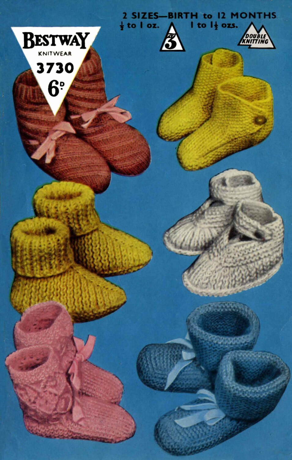 Baby Bootees and Shoes 6 Styles, Birth to 12 months, 3ply & DK, 50s Knitting Pattern, Bestway 3730