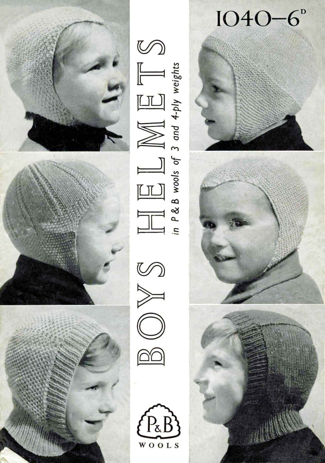 Boys Helmets in 6 Styles, 2-7 years, 3ply, 4ply, 60s Knitting Pattern, P&B 1040