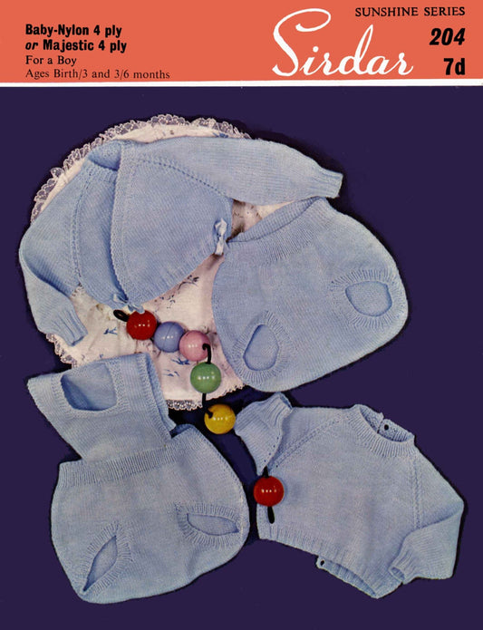 Baby Set, Cardigan, Jumper, Pants (with & without brace), Birth to 6 months, 4ply, 60s Knitting Pattern, Sirdar 204