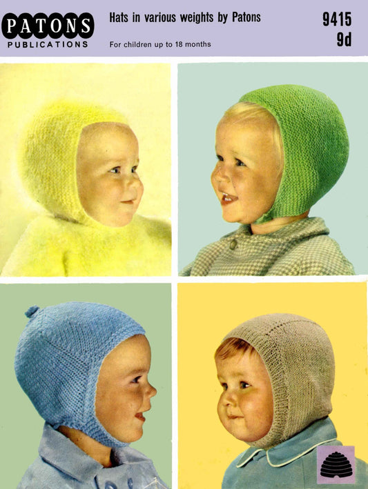 Children's Helmet and Balaclarva, upto 18 months, 3ply, 4ply, DK, 60s Knitting Pattern, Patons 9415
