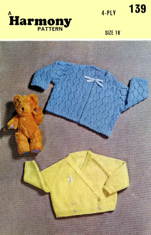 Baby Coat and Cardigan, 18" Chest, 4ply, 70s Knitting Pattern, Harmony 139