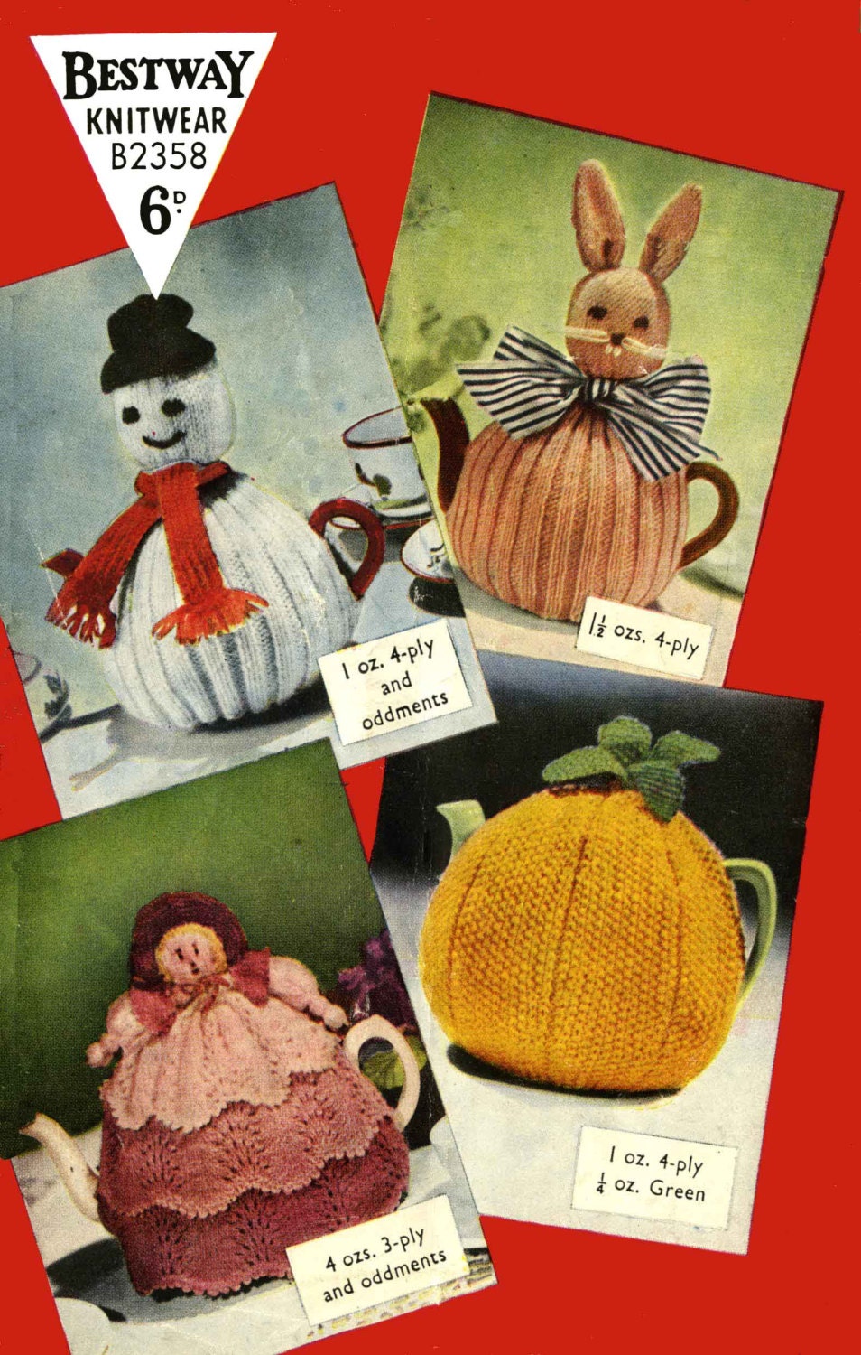 Novelty Tea Cosy in 4 Styles, Snowman, Bunny, Doll, Orange, 3ply & 4ply, 50s Knitting Pattern, Bestway 2358