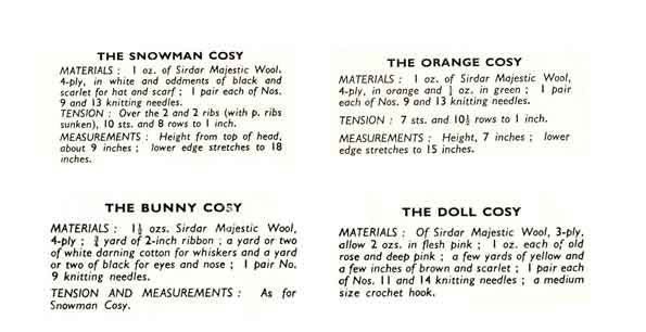Novelty Tea Cosy in 4 Styles, Snowman, Bunny, Doll, Orange, 3ply & 4ply, 50s Knitting Pattern, Bestway 2358