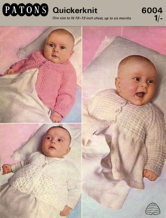 Baby Cardigan, Raglan Matinee Coat, Coat with Round Yoke, Moss Stitch Coat, 18"-19" Chest, 60s Knitting Pattern, Patons 6004