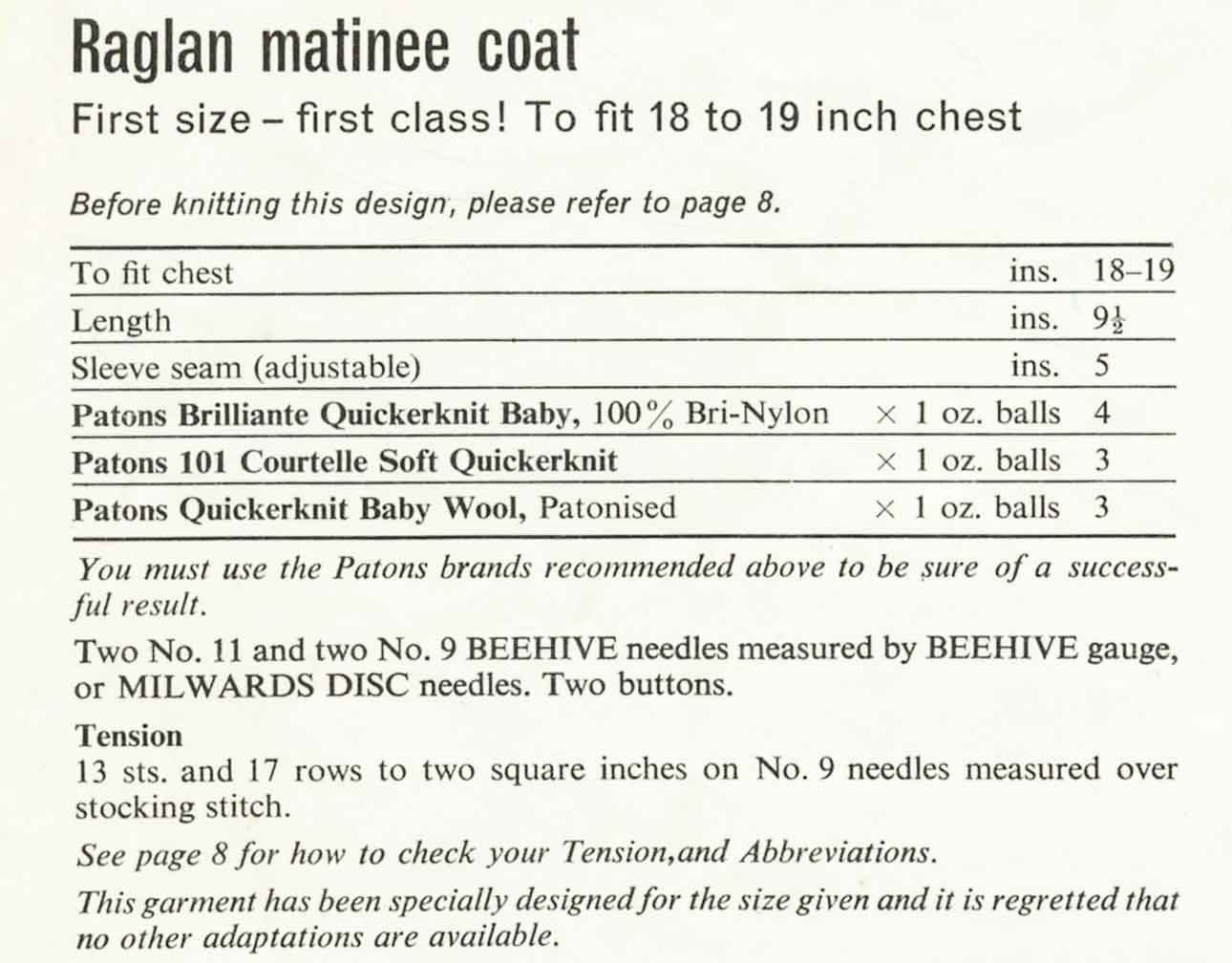Baby Cardigan, Raglan Matinee Coat, Coat with Round Yoke, Moss Stitch Coat, 18"-19" Chest, 60s Knitting Pattern, Patons 6004