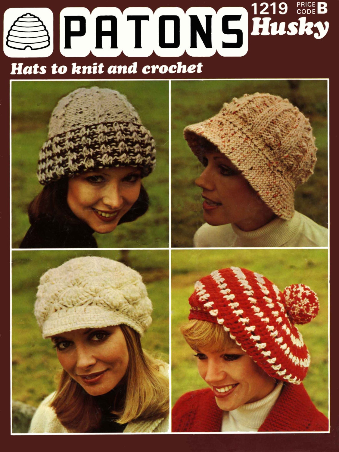 Ladies Hats, 70s Knitting Pattern for Brim, 2 Tone Hat & Crochet Pattern for Peaked Cap, Striped Beret, Chunky, Patons 1219