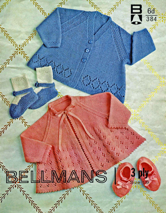 Baby Cardigan, Shoes and Sock Bootees, 19" Chest, 3ply, 60s Knitting Pattern, Bellmans 384