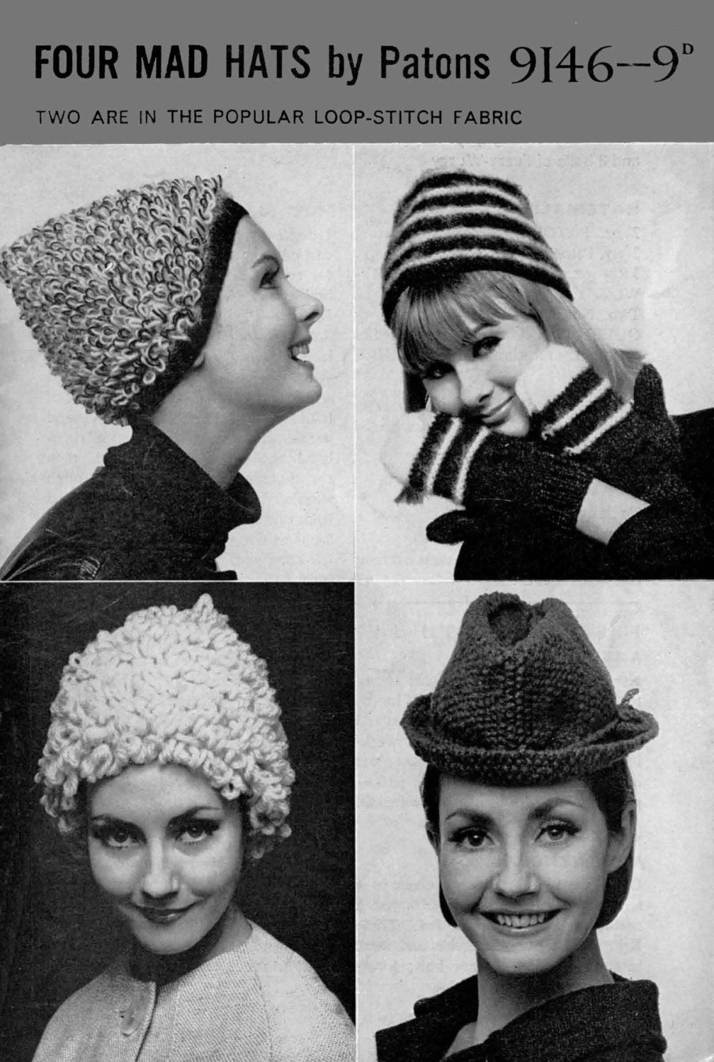Ladies Hat in 9 Styles, 3ply, DK, Chunky, 60s Knitting Pattern, Patons 9146