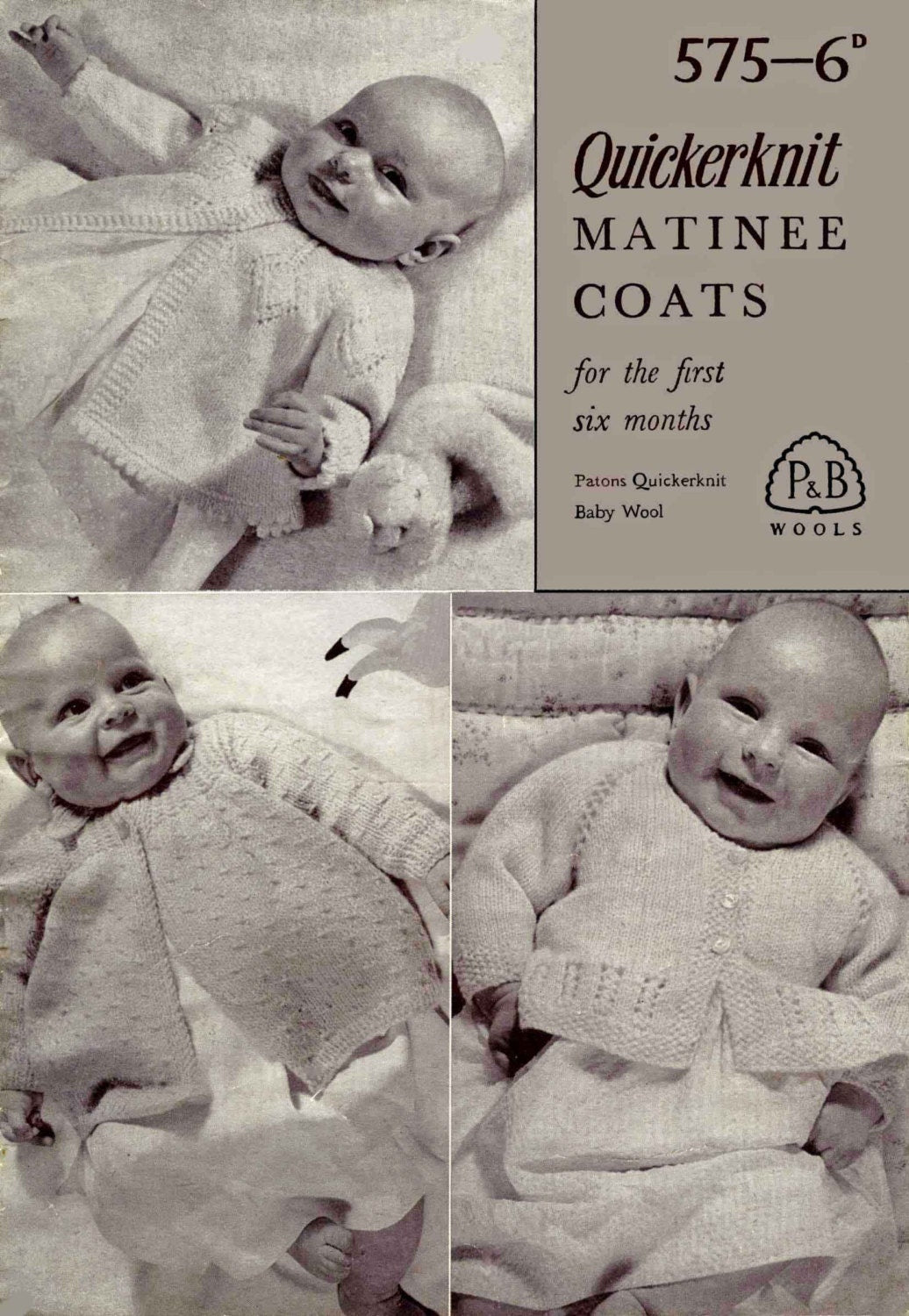 Baby Matinee Coat / Cardigan 3 Styles, 1-6 months, Quickerknit / Baby Wool, 50s Knitting Pattern, P&B 575