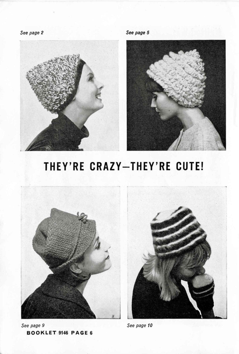 Ladies Hat in 9 Styles, 3ply, DK, Chunky, 60s Knitting Pattern, Patons 9146