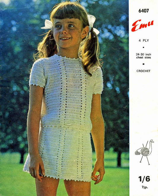 Girls Jumper and Skirt, 24"-30" Chest, 4ply, 70s Crochet Pattern, Emu 6407