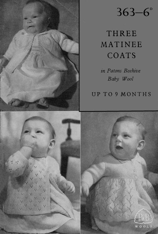 Baby Matinee Coat in 3 Style's, 1-9 months, Baby Wool, 50s Knitting Pattern, P&B 363