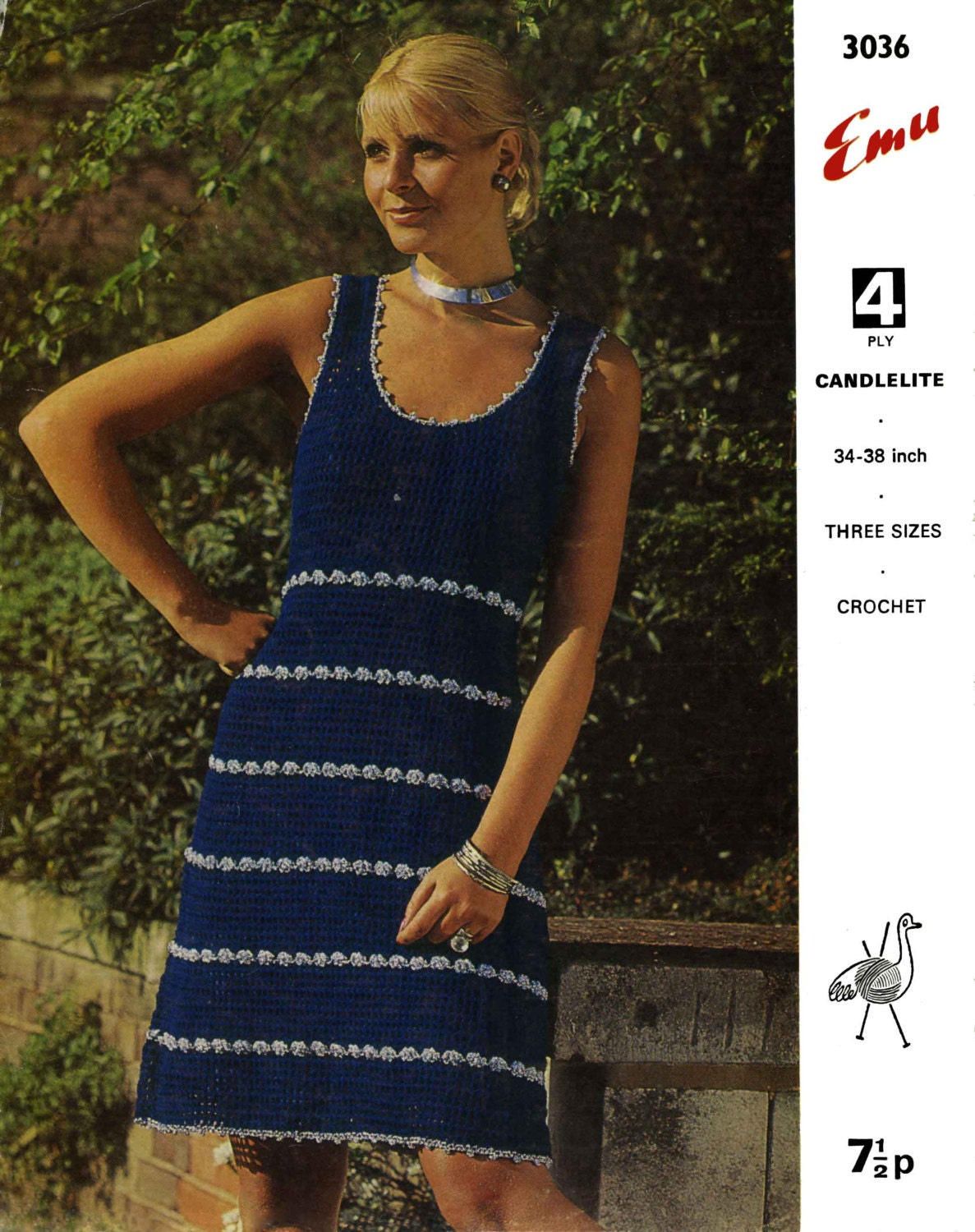 Ladies Dress, 34"-38" Bust, 4ply, 70s Crochet Pattern, Emu 3036