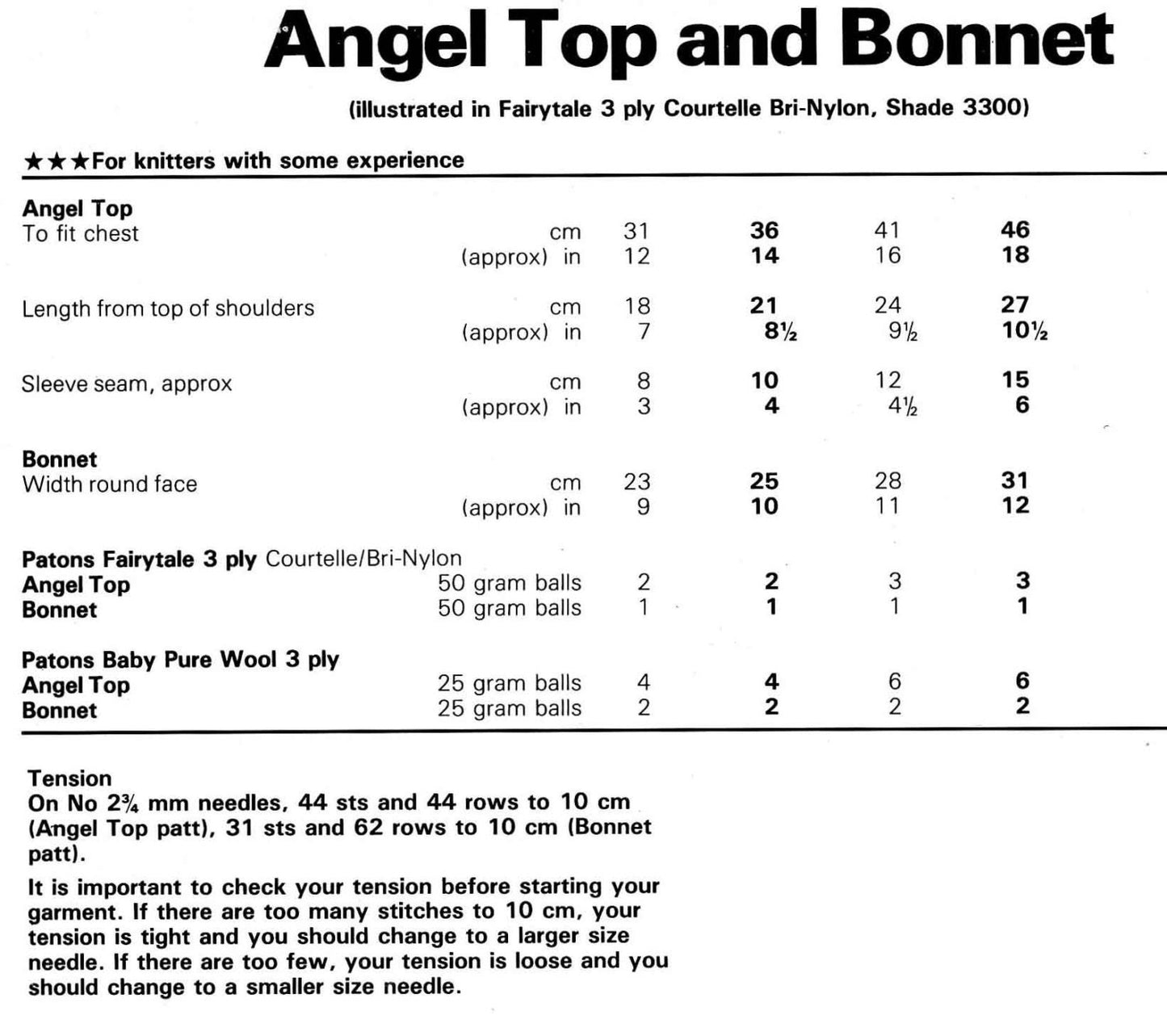 Baby Angel Top and Bonnet, 12"-18" Chest, 3ply, 80s Knitting Pattern, Patons 8643