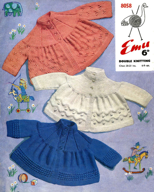 Baby Coat / Cardigan in 3 Styles, 20"-21" Chest, DK, 60s Knitting Pattern, Emu 8058