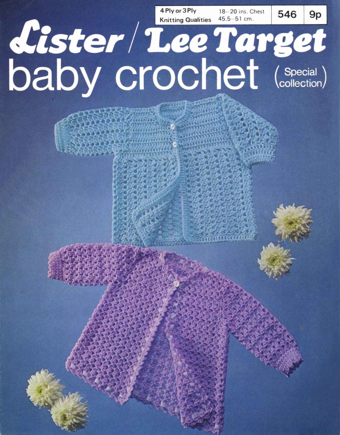 Baby Matinee Coat in 2 Styles, 18"-20" Chest, 3ply & 4ply, 70s Crochet Pattern, Lister 546